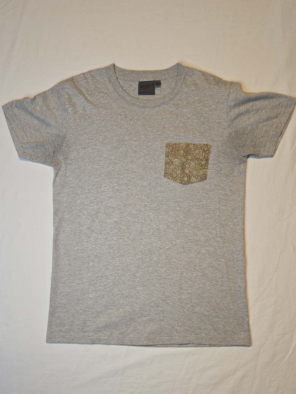 Naked & Famous Denim Grey Crewneck T-Shirt with Floral Patterned Pocket